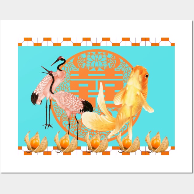 Goldfish & Cranes- Hong Kong Pop Art Bright Orange and Turquoise Wall Art by CRAFTY BITCH